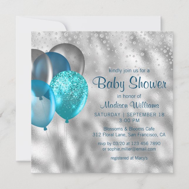 Chic Modern Glitter Balloons Turquoise Baby Shower Invitation (Front)