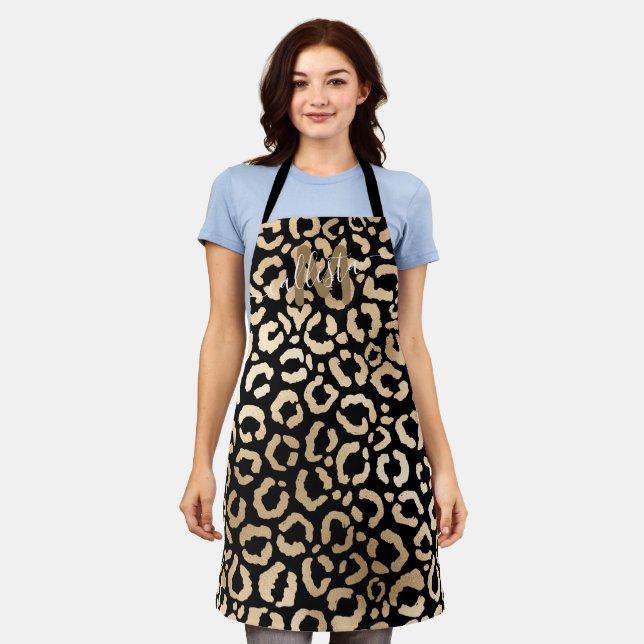Chic Modern Gold Black Leopard Cheetah Monogram Apron (Worn)