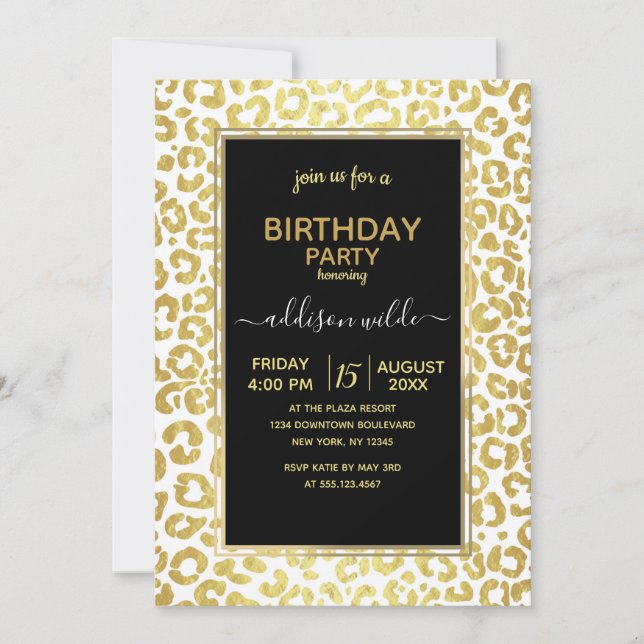 Chic Modern Gold White Leopard Jaguar Cheetah      Invitation (Front)