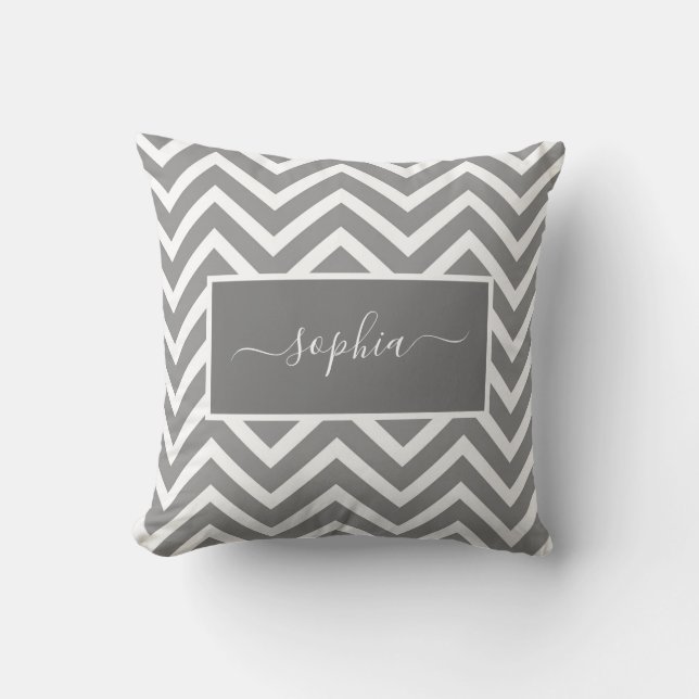 Chic Modern Grey Chevron Zig Zag Pattern Name Cushion (Front)