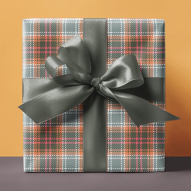 Chic Modern Grey Orange Plaid Tweed Pattern Gift Wrapping Paper (Creator Uploaded)