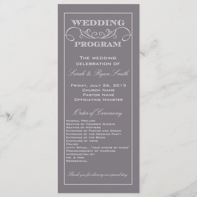 Chic Modern Grey Swirl Wedding Program Programme (Front)