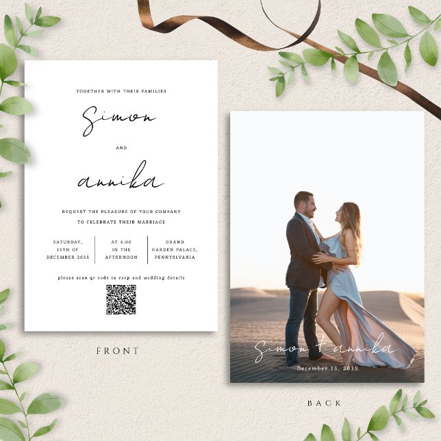 Chic Modern Handwriting Font QR Code Photo Wedding Invitation (Creator Uploaded)