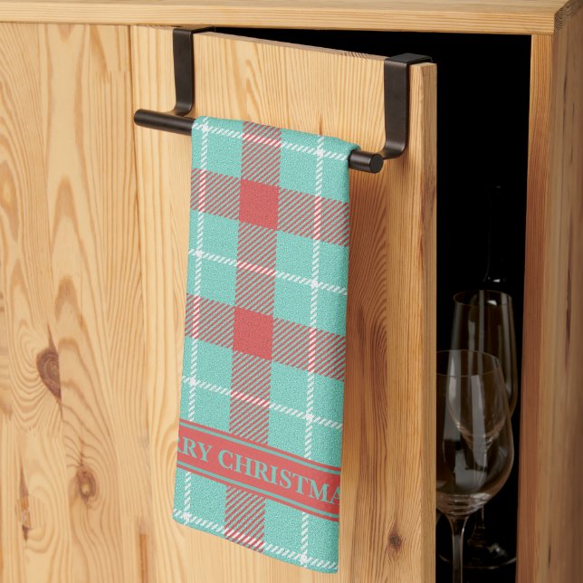 Chic Modern Holiday Red & Teal Plaid Tea Towel (Thirds Fold)