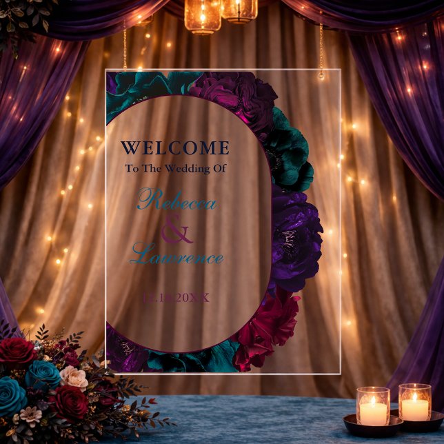 Chic modern jewel tones floral wedding welcome acrylic sign (Creator Uploaded)
