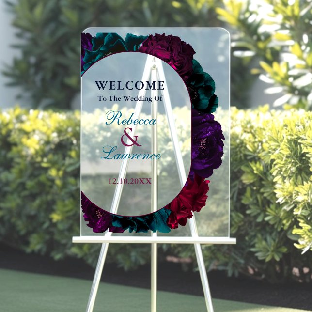 Chic modern jewel tones floral wedding welcome acrylic sign (Creator Uploaded)