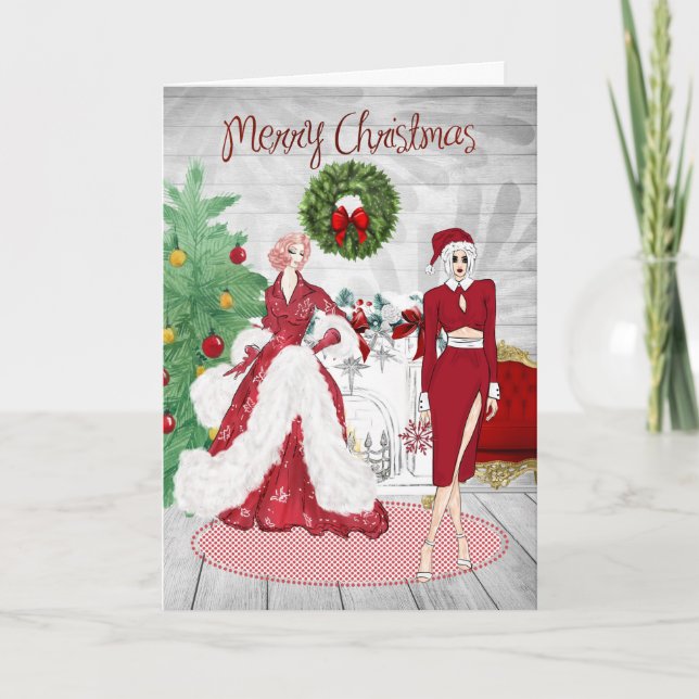 Chic Modern Lesbian Couple Christmas Card (Front)