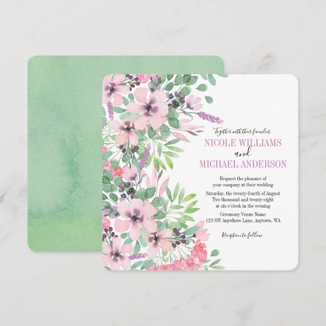 Chic modern Lilac watercolor peony Foliage WEDDING Invitation (Front/Back)