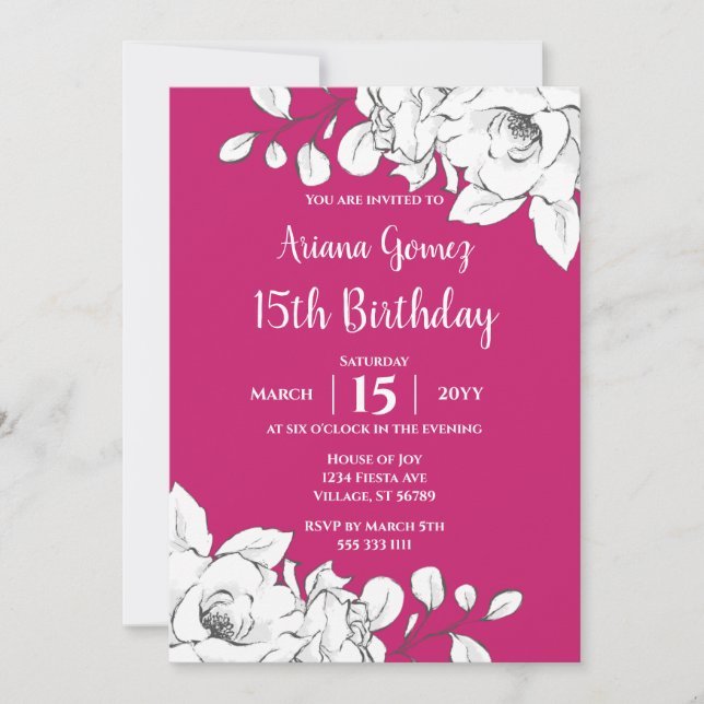 Chic Modern Magenta White Floral 15th Birthday Invitation (Front)