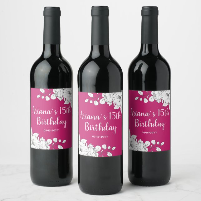Chic Modern Magenta White Floral 15th Birthday Wine Label (Bottles)