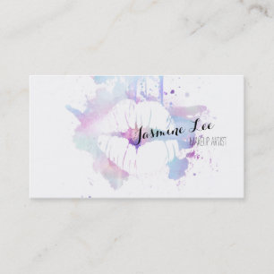 chic modern makeup artist watercolor purple lips business card