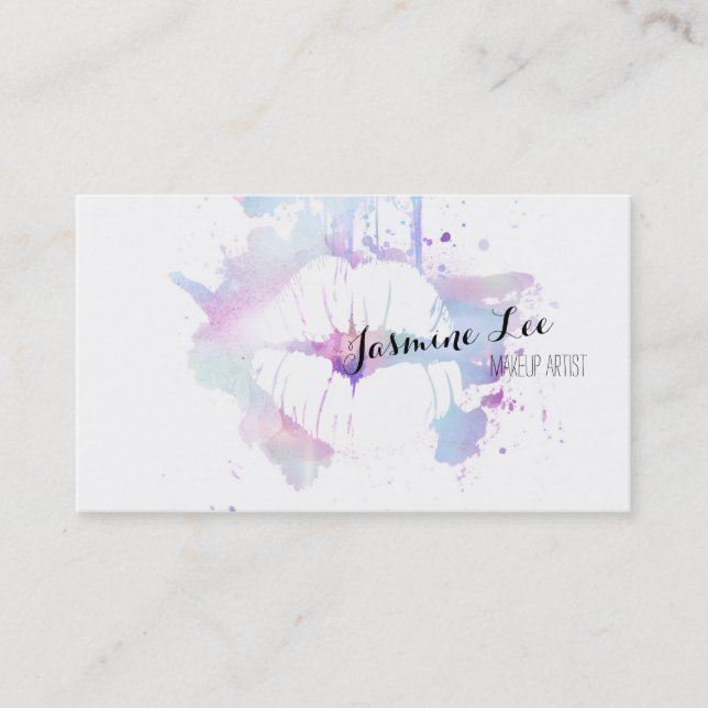 chic modern makeup artist watercolor purple lips business card (Front)