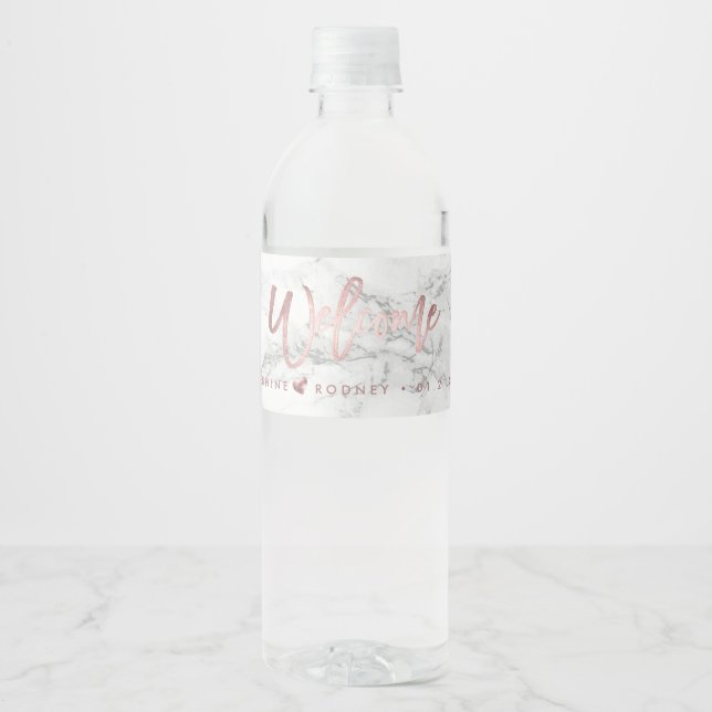 Chic+Modern Marble+Rose Gold Script Welcome Water Bottle Label (Front)