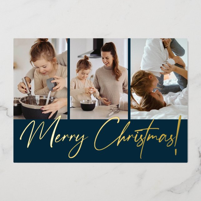 Chic Modern Merry Christmas Photo Navy Blue Foil Holiday Card (Front)