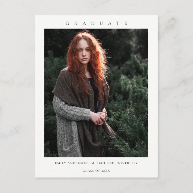 CHIC MODERN MINIMAL CLEAN CUSTOM PHOTO GRADUATION ANNOUNCEMENT POSTCARD (Front)