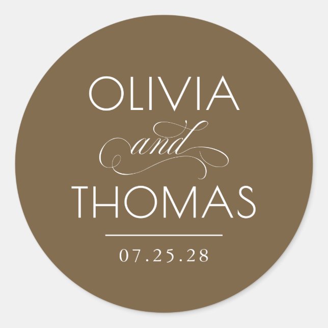 Chic Modern Minimalist Typography Brown Wedding Classic Round Sticker (Front)