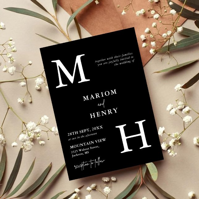Chic Modern Monogram Initial Black White Wedding Invitation (Chic black and white monogram invitation adds personalized elegance to your wedding day)