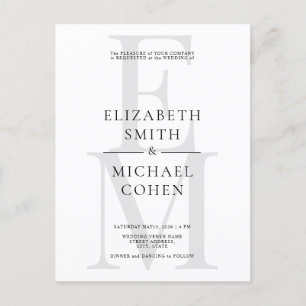 Chic Modern Monogram Initial Black White Wedding Invitation Postcard