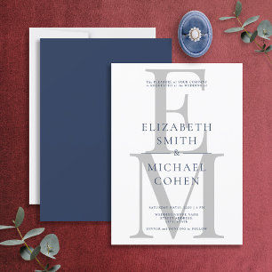Chic Modern Monogram Initial Navy Blue Wedding Invitation