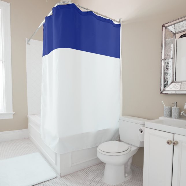 Chic Modern Nautical Navy Blue White Colour Block Shower Curtain (In Situ)