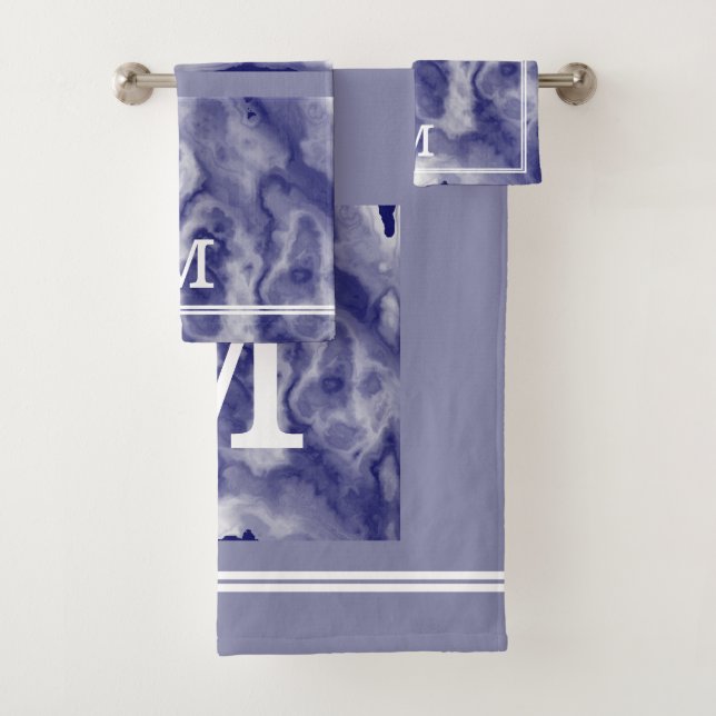 Chic Modern Navy And Dusty Blue Marble Monogram Bath Towel Set (Insitu)