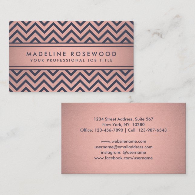 Chic Modern Navy and Pink Chevron Faux Foil Business Card (Front/Back)