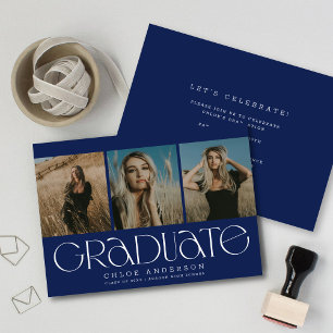 Chic Modern Navy Blue 3 Photo Graduation  Announcement