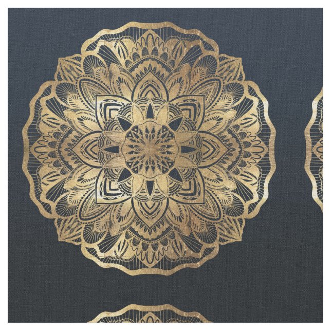 Chic Modern Navy Blue Gold Mandala Fabric (Close Up)
