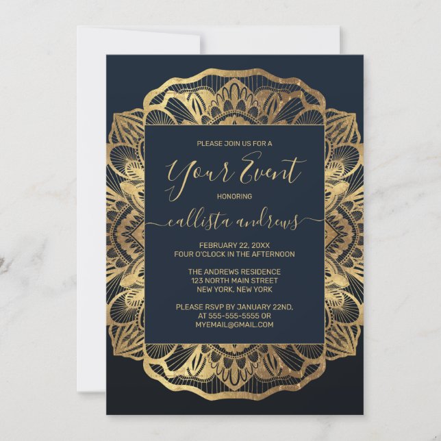 Chic Modern Navy Blue Gold Mandala Invitation (Front)