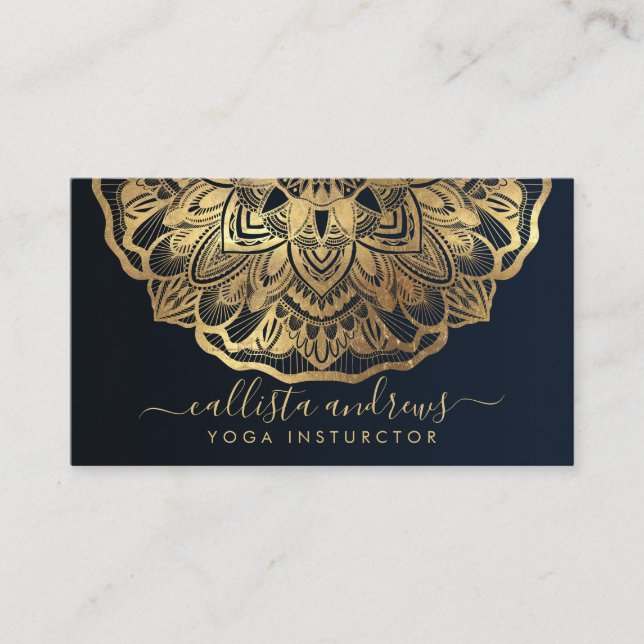Chic Modern Navy Blue Gold Mandala Yoga Instructor Business Card (Front)