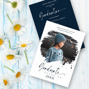 Chic Modern Navy Brushtroke Effect Graduation Invitation