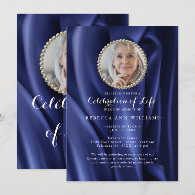 Chic Modern Navy Silky Photo Celebration of Life  Invitation (Front/Back)