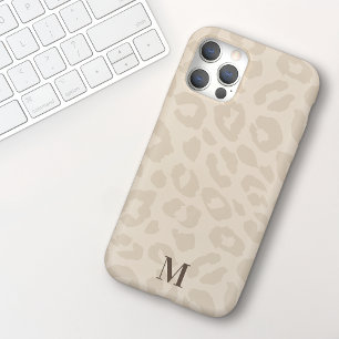 Chic Modern Neutral Color Leopard Print Monogram iPhone 15 Case