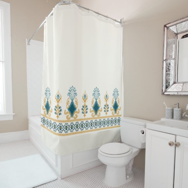 Chic Modern Neutral Teal Blue Ikat Tribal Pattern Shower Curtain (In Situ)