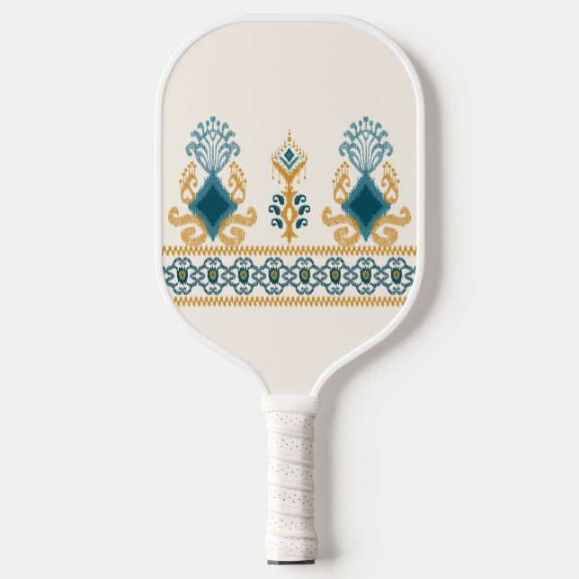 Chic Modern Neutral Teal Orange Ikat Tribal Pickleball Paddle (Front)