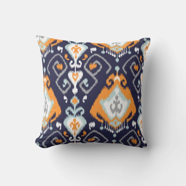 Chic modern orange navy blue ikat tribal pattern cushion (Front)