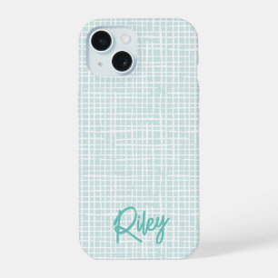 Chic Modern Pale Aqua Teal Hand Drawn Pattern Name iPhone 15 Case