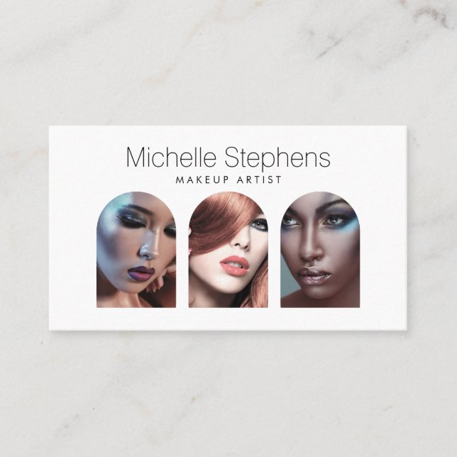 Chic Modern Photo Trio for Makeup Artists White Business Card (Front)