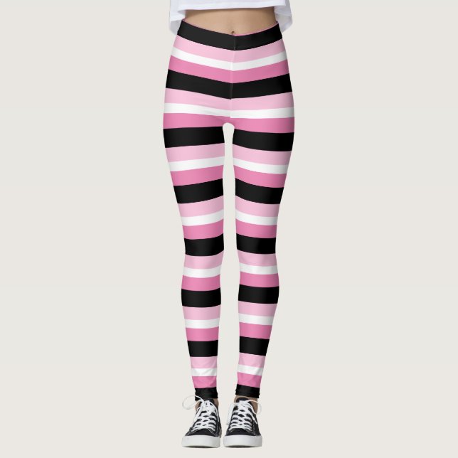 Chic Modern Pink, Black & White Stripes Leggings (Front)