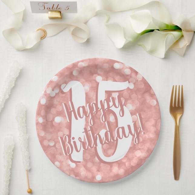 Chic Modern Pink Bokeh Lights 15 Happy Birthday Paper Plate (Wedding)