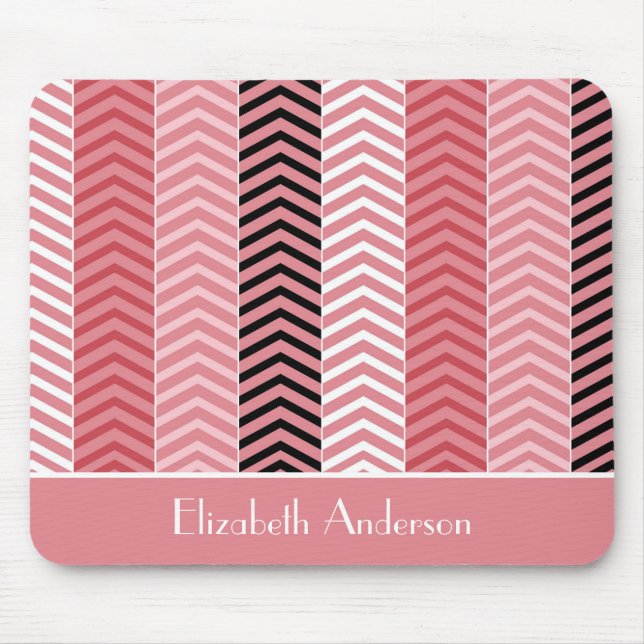 Chic Modern Pink Chevron Stripes With Name Mouse Mat (Front)