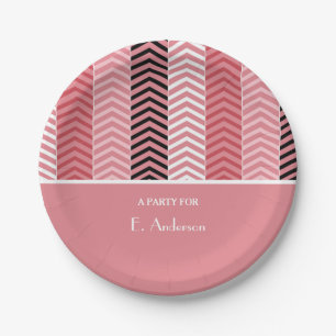 Chic Modern Pink Chevron Stripes With Name Paper Plate