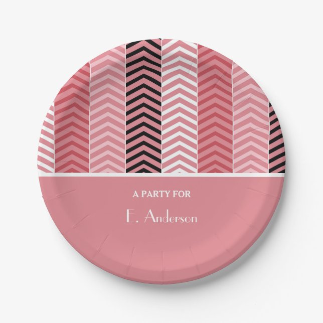 Chic Modern Pink Chevron Stripes With Name Paper Plate (Front)