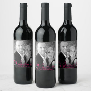 Chic Modern Pink Script Hearts Black White Photo Wine Label