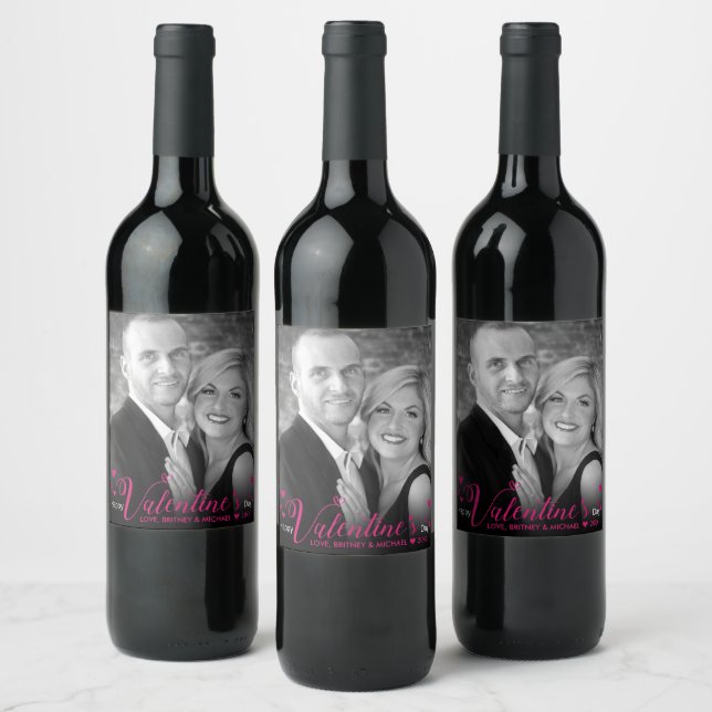 Chic Modern Pink Script Hearts Black White Photo Wine Label (Bottles)