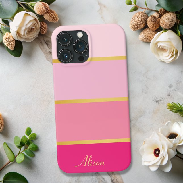 Chic Modern pink Stripes gold Name  Case-Mate iPhone Case (Creator Uploaded)