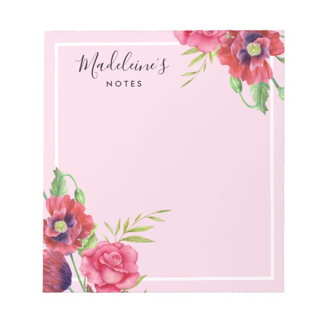 Chic Modern Red and Pink Flowers Blush Background Notepad (Front)