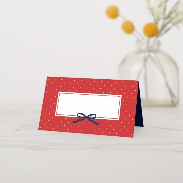 Chic Modern Red Polka Dot with Blue Ribbon Place Card (Front)