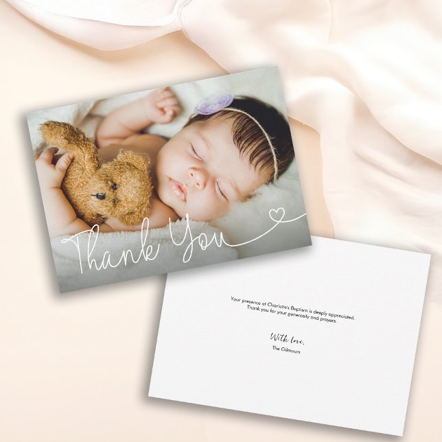 Chic Modern Religious Customisable Baptism Photo Thank You Card (Customizable baby photo thank you heart script baptism card.)