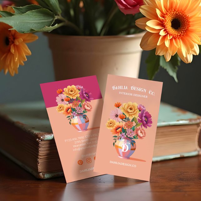 Chic Modern Retro Chequered Vase & Bold Florals Business Card (Chic Modern Retro Checkered Vase & Bold Florals Business Card)
